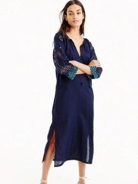 J. Crew Caftan Eyelet Embroidered Navy and Green Size Small S Cover Up Dress
